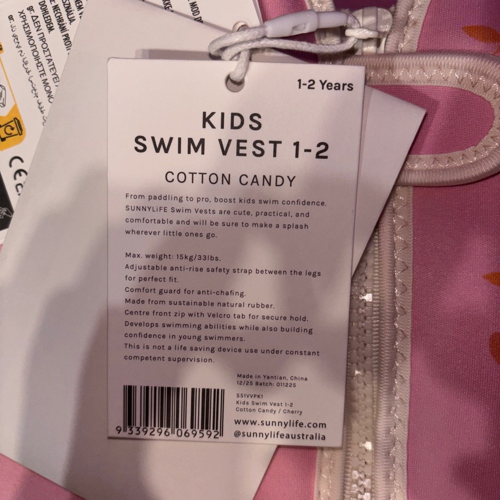 Sunnylife Kids Swim Vest 1-2 Years Cotton Candy Pink Cherry Butterfly S51VVPK1 - Picture 6 of 7